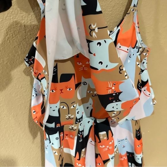 Cat Print Mod Romper Sleeveless Ruffle Padded Bra Pin Up Women’s Medium - Picture 13 of 14